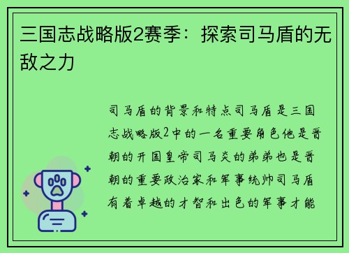 三国志战略版2赛季：探索司马盾的无敌之力