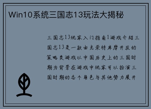 Win10系统三国志13玩法大揭秘