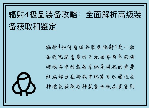 辐射4极品装备攻略：全面解析高级装备获取和鉴定