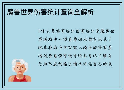 魔兽世界伤害统计查询全解析